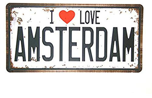 Shinewe Plaque d'immatriculation vintage vieille maison Décoration murale Garage Art mural 15 x 30 cm (I Love Amsterdam)