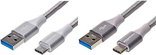 Amazon Basics Double Braided Nylon USB Type-C to Type-A 3.1 Gen 1 Cable | 1.8 m, Silver & Double Braided Nylon USB Type-C to Type-A 3.1 Gen 2 Cable | 0.9 m, Dark Grey