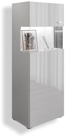 lukmebel Vancouver W9.029 Kommode mit Glasvitrine, stehend, hängend mit Einlegeböden, weiß glänzend, Schichtstoffplatte, B 50 cm, H 130 cm, modern, polnisches Produkt