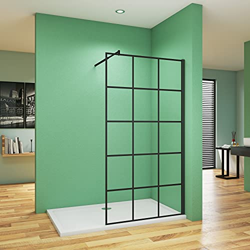 80x200CM WALK-IN PUERTA FRONTAL ESTILO INDUSTRIAL NEGRO CON CUADRADOS CRISTAL 8 MM ANTICAL TRANSPARENTE CON 70-120cm Barra