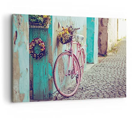 Wandbilder Dekoration Wohnzimmer Rosa Fahrrad Vintage Bilder auf Leinwand 120x80cm Leinwandbild Schlafzimmer Küche Deko Wand Kunstdruck Art Groß XXL Wanddeko Bild Wall Decor Canvas AA120x80-4471