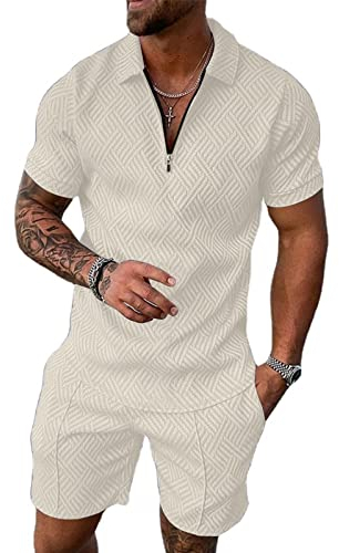 Hoefirm Herren-Trainingsanzug, Poloshirt und Hose, kurzärmelig, mit Reißverschluss, für Jogger, Fitnessstudio, lässig, Laufen, Sport, Sweat-Activewear, 2-teilig, khaki, M