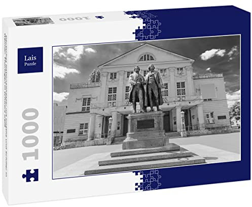 Lais Puzzle Deutsches Nationaltheater mit Goethe und Schiller in Weimar, Thüringen in schwarz weiß 1000 Teile