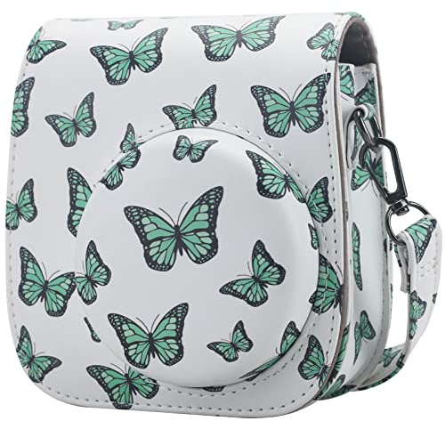 Frankmate Étui de protection compatible avec Mini 12 11 9 8 caméra instantanée avec poche pour accessoires et sangle réglable, Papillon vert, Sac à bandoulière