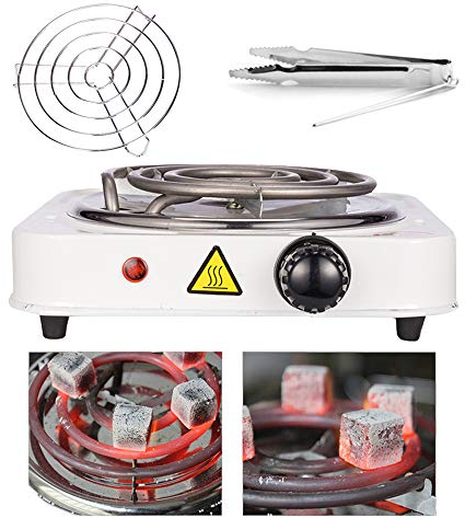 RMAN® Hornillo Cachimba Electrico 1000 W con Cesta de Carbón Extraíble, Mango de Cable de 150cm y Pinzas de Carbón para Cachimba Shisha, Camping - Blanco