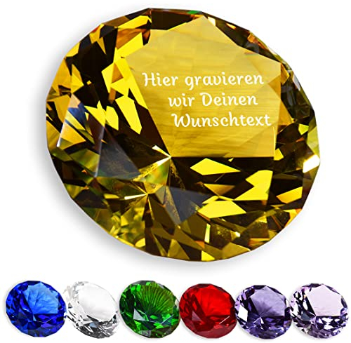 polar-effekt Diamantförmiger Kristall in Gelb aus Glas mit individueller Gravur - Edelstein Briefbeschwerer mit Wunschtext - Geschenk-Idee für Liebhaber