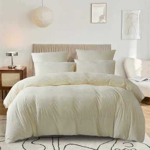 DXHOME Ropa de cama de felpa de invierno de 200 x 220 cm, color beige y crema, cálido, mullido, de microfibra, reversible, funda nórdica con cremallera y 2 fundas de almohada de 80 x 80 cm