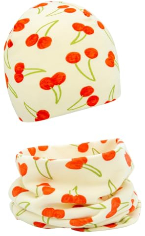 FORUHOO Baby Mädchen Beanie Mütze + Schlauchschal 2er Set, Wintermütze für Jungen Mädchen Baumwolle(Weiß Kirsche,49-53)