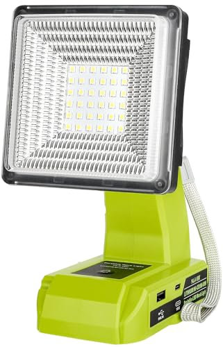 Lampe de travail LED sans fil pour batterie Ryobi 18 V, projecteur LED 25 W avec ports USB-A et USB-C 2,1 A de charge rapide pour chantier, réparation de voiture, camping, urgence