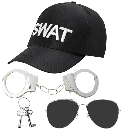 3-teiliges Swat-Kostüm-Zubehör – Swat-Kostüm für Erwachsene, einschließlich Polizeihut, Metall-Handschellen, Flieger-Sonnenbrille, Verkleidung für Erwachsene, Männer und Frauen, Polizisten und Räuber
