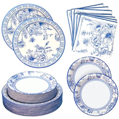 180PCS Blue White Floral Party Supplies Serve 60, Blue Flower Party Paper Plates and Napkins Kit for Bridal Baby Shower Wedding Tea Party Decorations, Includes Dinner Plates, Dessert Plates, Napkins