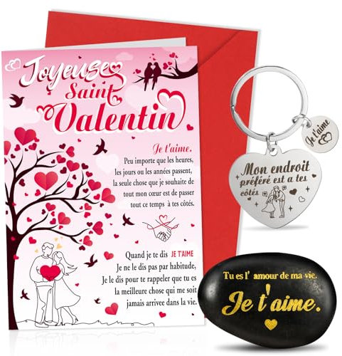 DPKOW Saint-Valentin Cadeau pour Femme Homme, Sculptée Naturelle Galet Je t'aime Porte-Clés Carte pour Saint Valentin Cadeau Couple Amoureux Cadeau Noël Anniversaire Femme Copine Cadeau Je t'aime