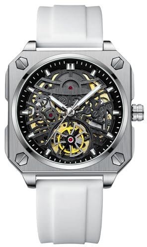 RORIOS Montres Bracelet pour Homme Automatique Mécanique Regarder Minimaliste Squelette Montre de Poignet Décontracté Mode avec Bracelet en Silicone Blanc Noir B