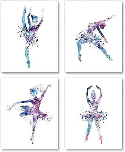 Linilioart Aquarell-Ballett-Drucke, Mädchen-Zimmer-Dekor-Poster, Kinderzimmer, Wandkunst, Mädchenzimmer-Wanddekoration, Poster für Teenager-Mädchenzimmer (20 x 25 cm, ungerahmt)