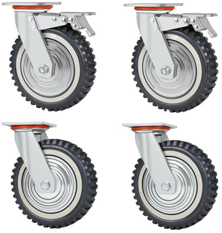 DBREAKS Schwerlastrollen, Ø200mm Transportrollen, 4 pcs Plattenrollen, 2x Lenkrollen mit Bremse + 2x Lenkrollen, 360° Vollgummi Laufrollen, 2000KG Möbelrollen für Schweißtisch