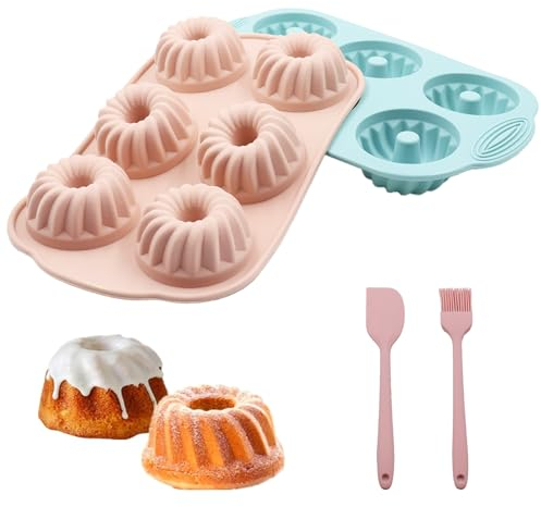 Ht Viit Donut molds,Donut pans,Donut Silicone Mold,6 Holes Donut Maker,2 Molds,Blue and Pink,With Scraper, Oil Brush,For Breakfast,Children Snacks,Desserts&More