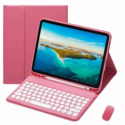 XFTeoux Custodia con Tastiera per iPad 10Th 10.9Inch 2024 con Mouse, Tastiera Rotonda di Colore Carino Senza Fili Staccabile,Cover Folio Pelle Supporto per Matita per iPad 10 Generazione,Rosso