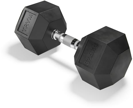 Trym Hexagon Hantel - Gewichte 7kg bis 35kg, Einzeln, Griff Gerändelt, Verchromt, Rutschfest, Stahlkern, Gummiert, Schwarz - Sechseckige Kurzhantel, Hex Hanteln, Gusseisen, Dumbbells für Krafttraining