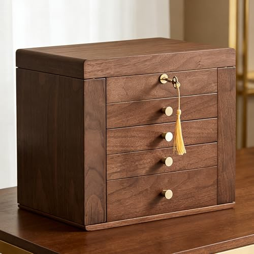 Baolivi Schmuckkästchen aus Holz Schmuckkasten Groß für Damen, Massivholz Vintage Schmuckschatulle Schmuckbox 4 Schubladen mit Spiegel und Schloss, 5 Ebenen Schmuckaufbewahrung für Schmuck, Ohrringe