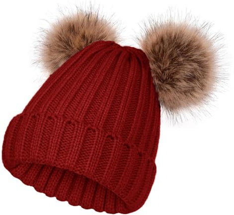 SERENYOU Damen Strickmützen Winter Bommelmütze mit Zwei Kunstpelz Bommel Weinrot