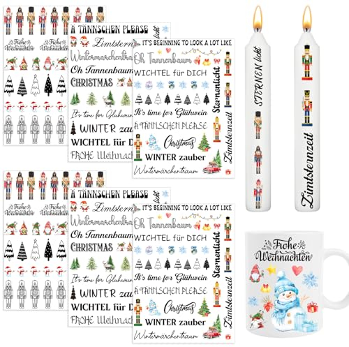 Yomover Kerzentattoos Weihnachten Rub on Sticker - 6Pcs Advent Kerzentattoos, Rub on Folie, Winter Sprüche Aufkleber, Transferaufkleber, Kerzenfolie, Kerzenaufkleber für Keraflott Möbel Glas Holz