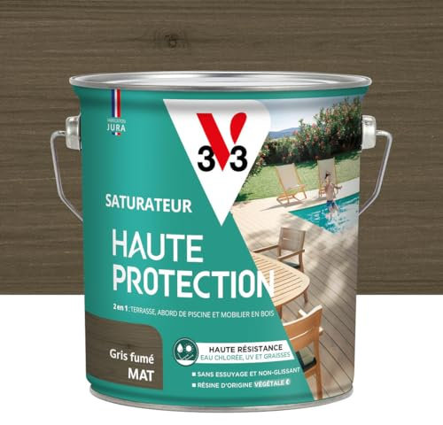 V33 Saturateur bois extérieur Gris fumé mat - Pour terrasses et mobilier de jardin - Haute résistance eau chlorée, UV et graisse - Sans essuyage et non glissant - Résine d'origine végétale - 2,5L