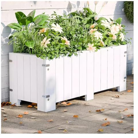 Fioriera rialzata in legno bianco, con fori di drenaggio, per orticoltura all'aperto, per cortile, serra, ortaggi, fiori ed erbe, design rettangolare (100 x 30 x 30 cm)