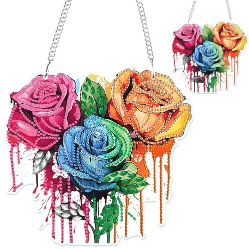 NAIMOER Roses Diamond Painting Pendentif avec Chaîne, Peinture Diamant Fleurs Double Face Pendentif Adulte Enfant, DIY Ornament Pendant Kit pour Porte Fenêtre Hanging Décoration