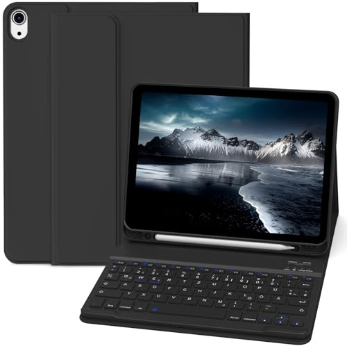 Lsmmpoba Hülle mit Tastatur für iPad (A16) 11./10. Generation (2025/2022) | QWERTZ Layout Keyboard, Magnetische Anti-Detach Tastatur Hülle mit Stifthalter für iPad 11/10 Gen 10,9/11 Zoll, Schwarz