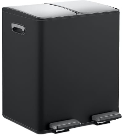 Relaxdays Kitchen Bin, 2 Compartments, 15 Litres Each, Removable Buckets, Foot Pedal, Recycling Dustbin, Black/Silver