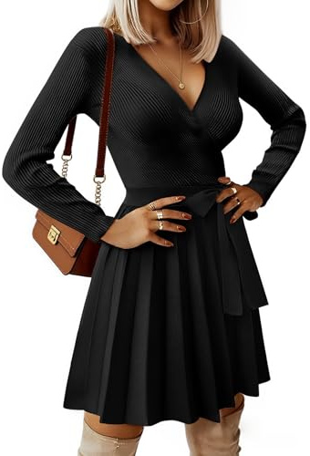 heekpek Abito Elegante Donna Invernale Scollo a V Vestito Donna Maniche Lunghe Abito di Maglia Sexy Abiti Linea A Vita Alta Mini Vestito con Cintura, Nero, M