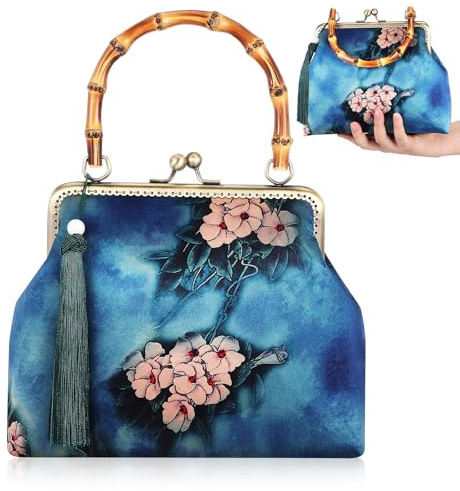 Healvian Vintage Handtasche Damen Chinesischer Stil Tragetasche Mit Bambusgriff Polyester Mittelgroß 24.50 X 18.50 X 7.50 Cm FüR Party Bankett Hochzeit