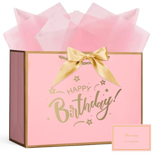 AOOSU Geschenktüte Geburtstag, Papier Geschenktüten mit Schleife + 1 Grußkarten + 3 Seidenpapier, Rosa Geschenktaschen mit Henkel, Frauen Birthday Gift Bag, Geschenkverpackung für Geschenk
