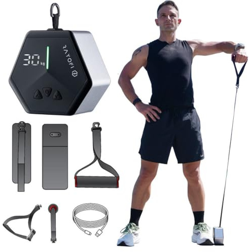 Rayofi Go-Tone Mobile Kraftstation – Smarter Seilzug mit App & 30kg Digital-Widerstand, Portable Cable Machine Gym Set inkl. Bodenplatte Türanker, Elektrischer Rückentrainer für Zuhause Büro (Silber)