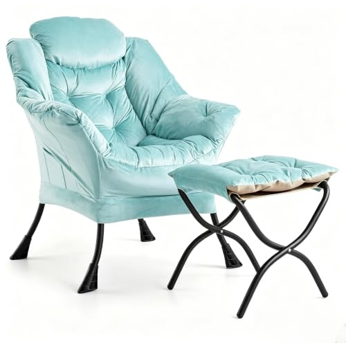 Garvee Lazy Sofa Sessel mit Hocker, Relaxsessel mit Fußhocker aus edlem Samt, Moderner Loungesessel Polstersessel für Wohnzimmer & Schlafzimmer, Mintgrün Aqua, Ergonomischer Einzelsessel