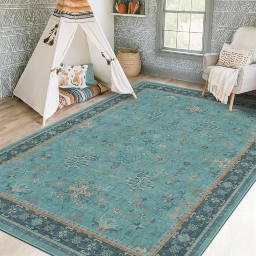 QJDTZMD Teppich Wohnzimmer 130 x 160 cm Teppich Flur Weich rutschfest Waschbar Kurzflor Küchenläufer Pflegeleicht für Schlafzimmer Modern Traditionell Blau Grau Gelb Gold Rosa