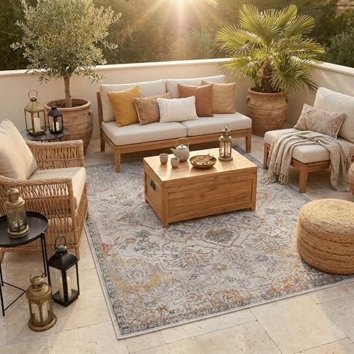 Pergamon Lagos Vintage Outdoor Teppich | In- & Outdoor Teppich | Flachgewebe | Wetterfest & UV-beständig | Balkon Terrasse Garten | Pflegeleicht