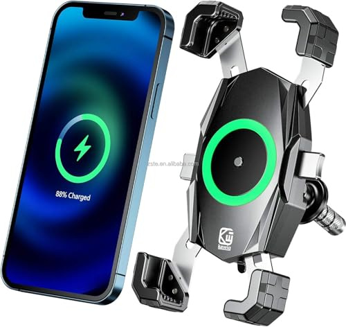 Motorcycle Phone Holder with 15W Wireless Charger & USB QC 3.0 Fast Charging – Waterproof Bike Phone Mount with Auto Lock, 360° Rotation, Handlebar & Mirror Mount Compatible with iPhone
