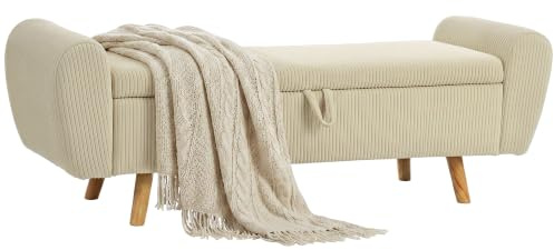 HOMCOM Sitzbank mit Stauraum Cord-Optik Bettbank 150 x 45 x 51 cm Beige | Polsterbank, Holzfüßen, Aufbewahrungsbox mit Armlehnen, für Wohnzimmer, Schlafzimmer, Flur