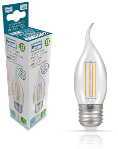 Crompton Lamps Bent-Tip Candle LED Light Bulb ES-E27 | 5W = 40W Equivalent | Warm White 2700K | Flame Tip | Edison Screw Lightbulb | Long Life 10,000-Hrs | Clear Glass | Dimmable