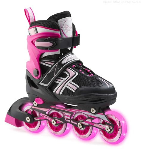 XINO SPORTS Adjustable Inline Skates for Girls - Illuminating LED Light- Up Wheels, Comfortable and Durable Design for Indoor and Outdoor Skating, Great for Beginners (Fuchsia, Large - 1-4)