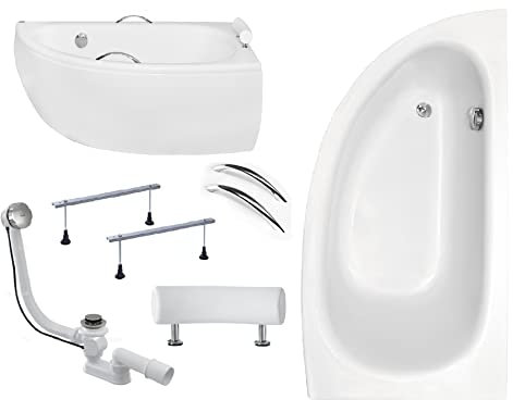 BADLAND Badewanne Wanne Eckwanne Milena Premium RECHTS LINKS 150x70 mit Acrylschürze, Füßen, Ablaufgarnitur, Handgriffen und Kopfstütze GRATIS (150x70 RECHTS)