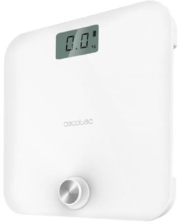 Cecotec Balance Pèse-personne avec bouton-poussoir Cecotec EcoPower 10000 Healthy White, Surface en Verre Trempé très sécurisée et capteurs de précision, Écran LCD, de 8 kg jusqu’à 180 kg