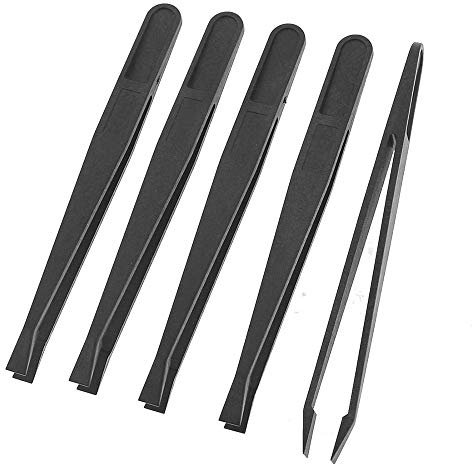 Lot de 5 pinces à épiler antistatiques en plastique - Pointe plate inclinée de précision pour bijoux, artisanat, bricolage, beauté, électronique, réparation - Noir