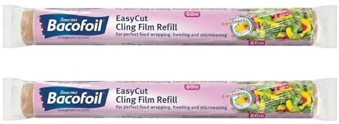 2 x 60m Long Easy Cut Strong Cling Film Refill Food Wrap Freezing Microwaving 35cm Wide