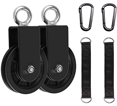 LFJ Umlenkrolle Stahlseil mit Schaukelgurt Karabinerhaken, Flaschenzug DIY Latzug Seil 90mm Seilrolle mit U Haltebügel (2 Stück)