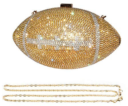 Gripit Bling Rhinestone Football Shaped Rugby Quirky Bag Purse Shoulder Handbag with Crystal for Women Girls, Gold, 9.84inch length
