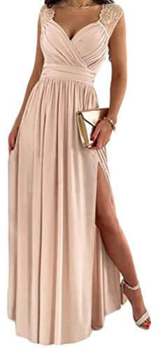Tomwell Femme Robe Cocktail Solide Profonde V Manches Longues Maxi Sexy Élégante Moulante Fente Latérale de Soirée Plage