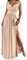 Tomwell Femme Robe Cocktail Solide Profonde V Manches Longues Maxi Sexy Élégante Moulante Fente Latérale de Soirée Plage