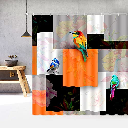 QWRSMYX Rideau de douche à motif géométrique abstrait moderne, noir, blanc, gris, orange - Décoration de salle de bain en tissu - 178 x 213 cm